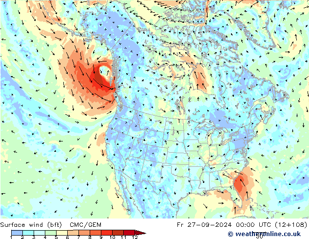 Vent 10 m (bft) CMC/GEM ven 27.09.2024 00 UTC