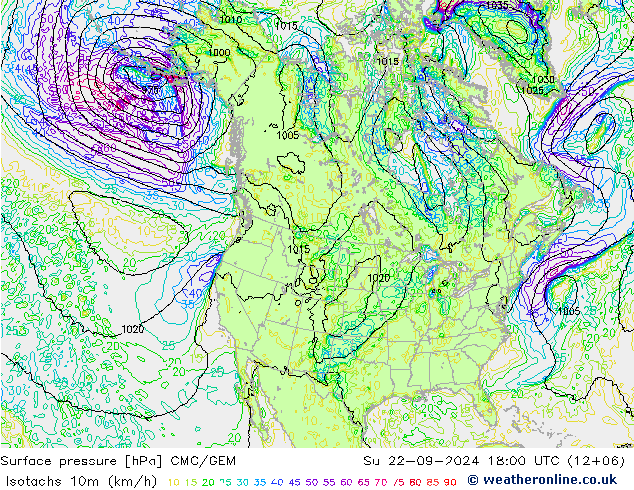 Isotachs (kph) CMC/GEM Ne 22.09.2024 18 UTC