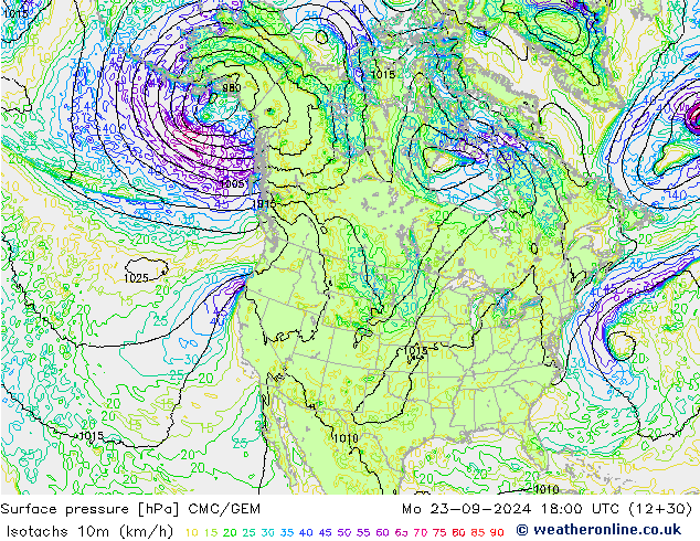 Isotachen (km/h) CMC/GEM ma 23.09.2024 18 UTC