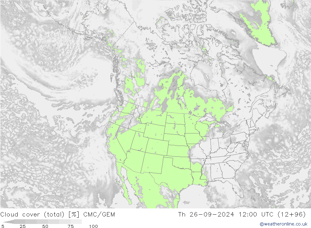 Cloud cover (total) CMC/GEM Th 26.09.2024 12 UTC