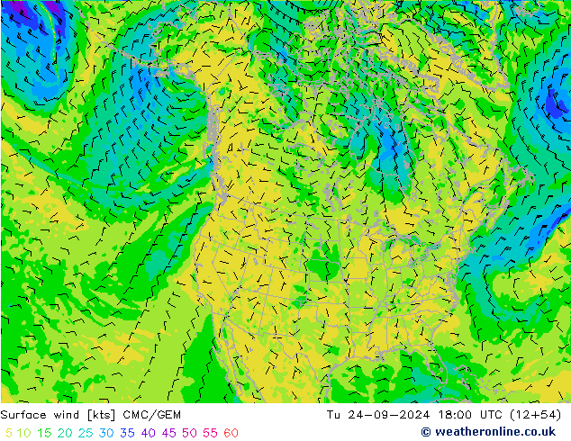 Vent 10 m CMC/GEM mar 24.09.2024 18 UTC