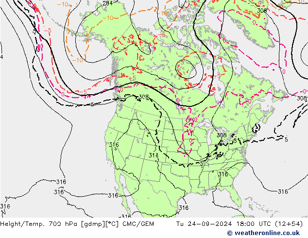 Geop./Temp. 700 hPa CMC/GEM mar 24.09.2024 18 UTC