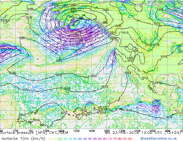 Isotachs (kph) CMC/GEM Mo 23.09.2024 12 UTC