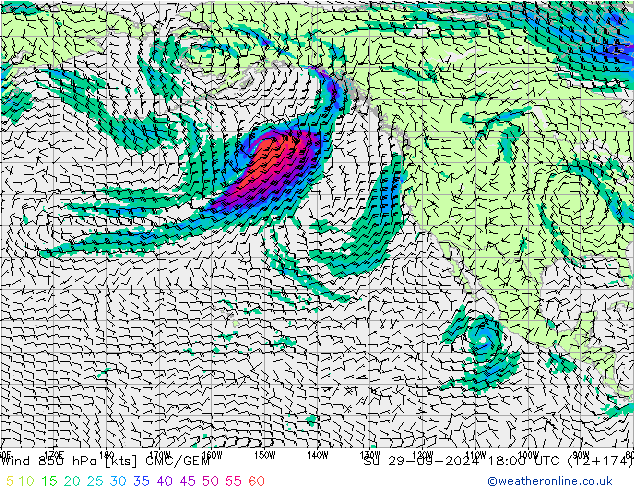 Rüzgar 850 hPa CMC/GEM Paz 29.09.2024 18 UTC