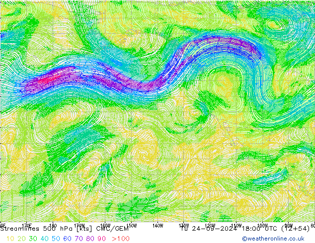 Streamlines 500 hPa CMC/GEM Út 24.09.2024 18 UTC