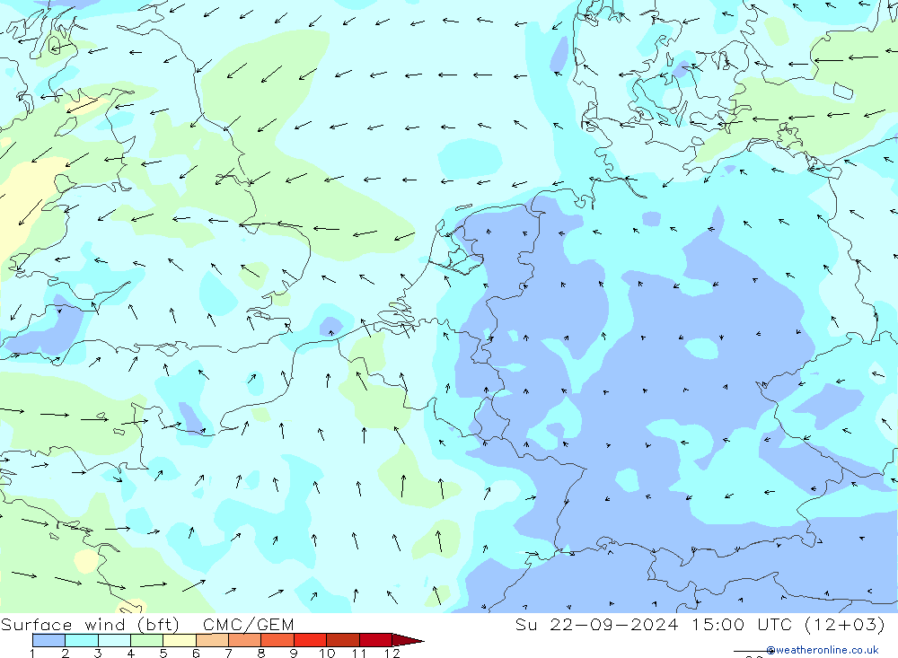 Surface wind (bft) CMC/GEM Su 22.09.2024 15 UTC