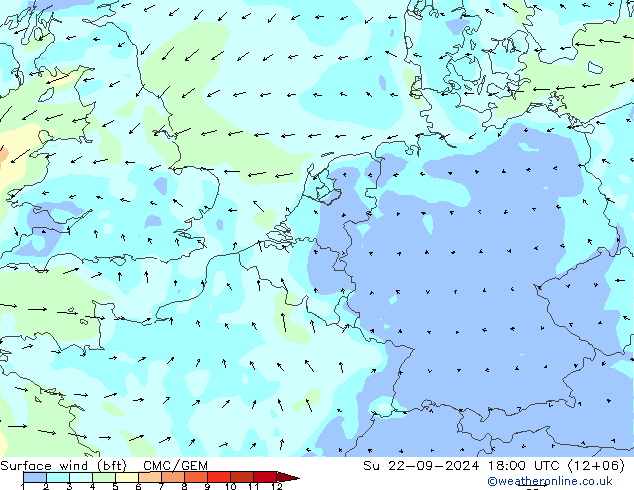 Bodenwind (bft) CMC/GEM So 22.09.2024 18 UTC