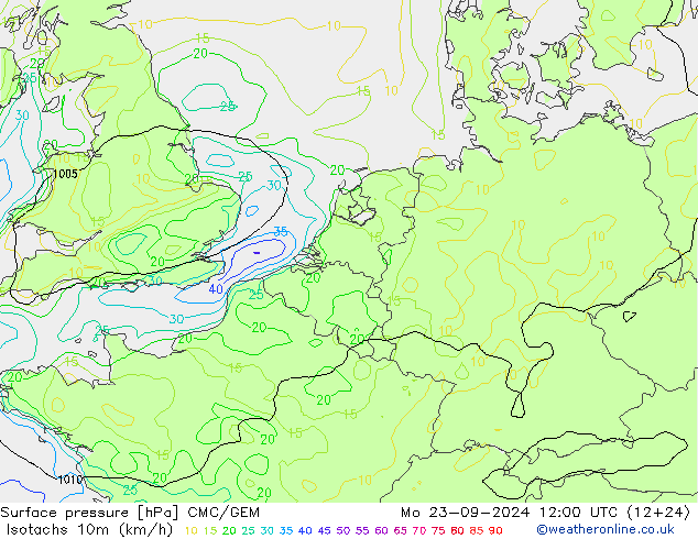 Isotachen (km/h) CMC/GEM Mo 23.09.2024 12 UTC