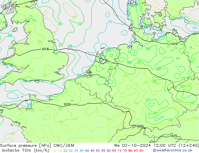 Isotachs (kph) CMC/GEM We 02.10.2024 12 UTC