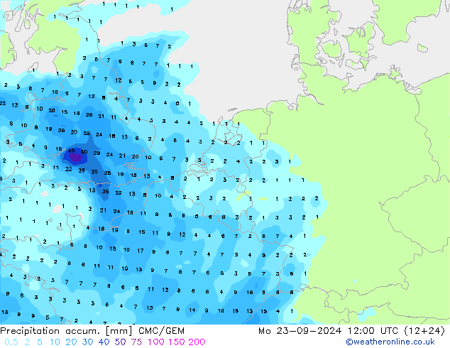 Precipitation accum. CMC/GEM Seg 23.09.2024 12 UTC