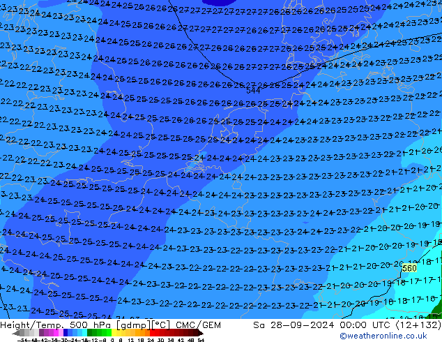 Yükseklik/Sıc. 500 hPa CMC/GEM Cts 28.09.2024 00 UTC