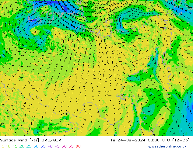 Vento 10 m CMC/GEM mar 24.09.2024 00 UTC