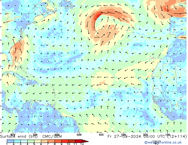 Vent 10 m (bft) CMC/GEM ven 27.09.2024 06 UTC