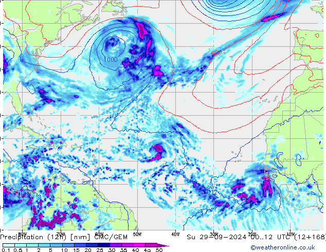 Totale neerslag (12h) CMC/GEM zo 29.09.2024 12 UTC