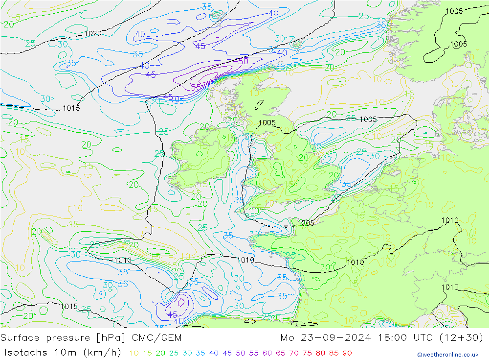 Izotacha (km/godz) CMC/GEM pon. 23.09.2024 18 UTC