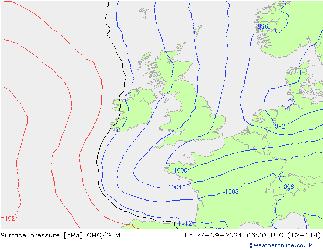 Surface pressure CMC/GEM Fr 27.09.2024 06 UTC