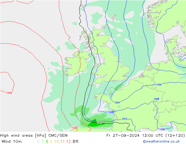 High wind areas CMC/GEM Fr 27.09.2024 12 UTC