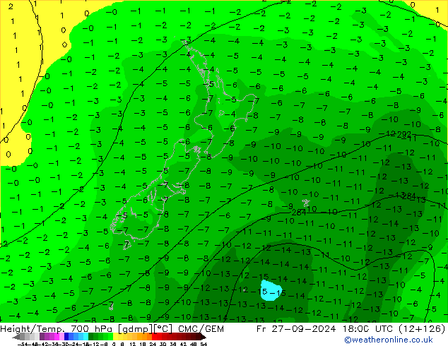 Height/Temp. 700 hPa CMC/GEM Fr 27.09.2024 18 UTC