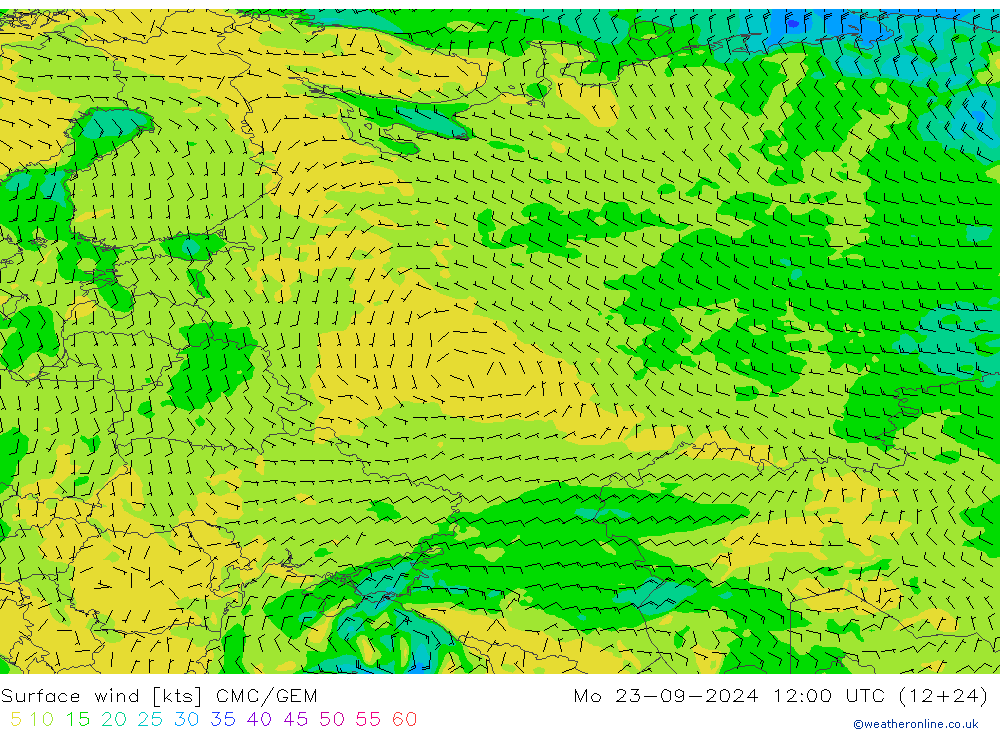 wiatr 10 m CMC/GEM pon. 23.09.2024 12 UTC