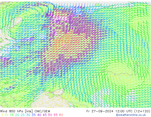 Vent 850 hPa CMC/GEM ven 27.09.2024 12 UTC