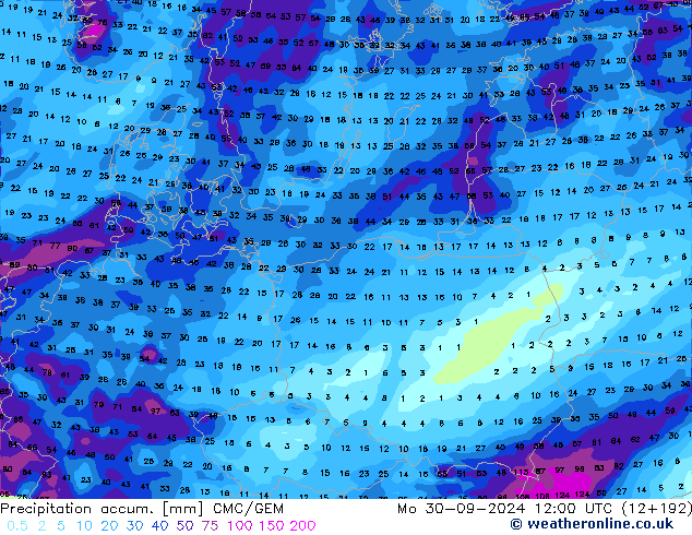 Precipitation accum. CMC/GEM Mo 30.09.2024 12 UTC