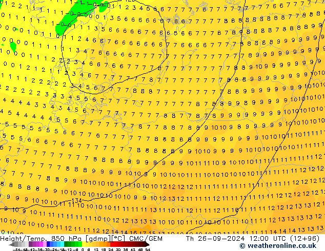 Height/Temp. 850 hPa CMC/GEM Th 26.09.2024 12 UTC