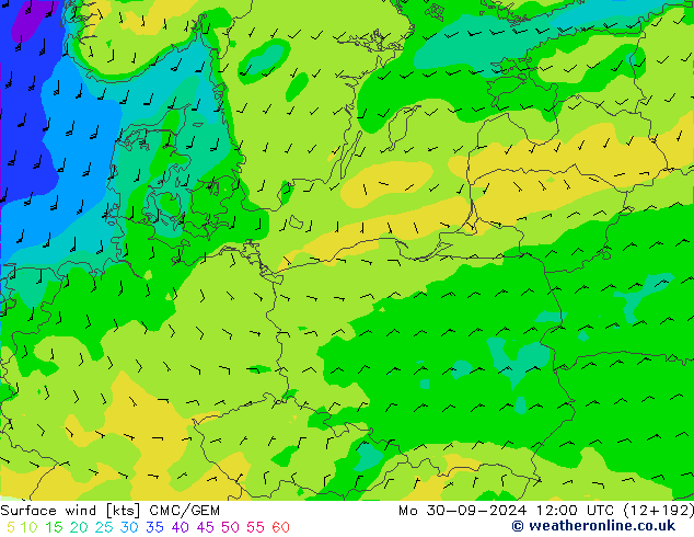 Viento 10 m CMC/GEM lun 30.09.2024 12 UTC