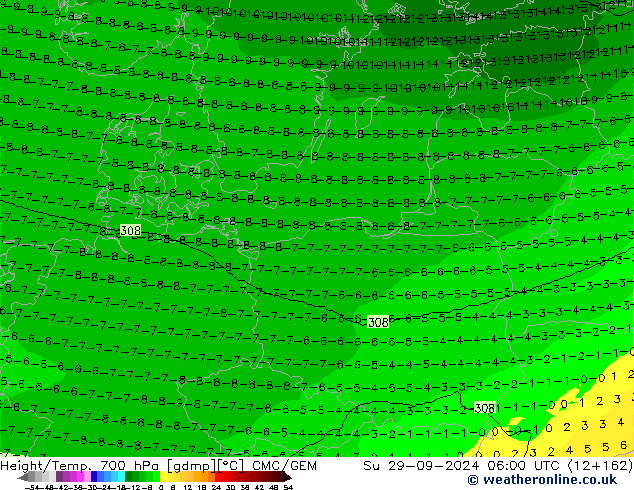 Height/Temp. 700 гПа CMC/GEM Вс 29.09.2024 06 UTC