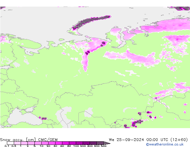 Snow accu. CMC/GEM We 25.09.2024 00 UTC