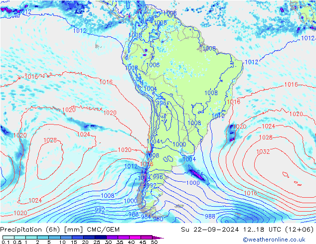 Precipitazione (6h) CMC/GEM dom 22.09.2024 18 UTC