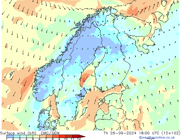 Surface wind (bft) CMC/GEM Čt 26.09.2024 18 UTC