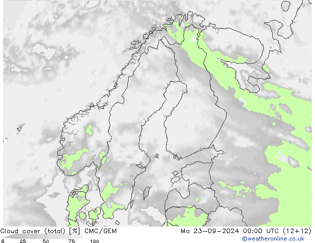 Cloud cover (total) CMC/GEM Mo 23.09.2024 00 UTC