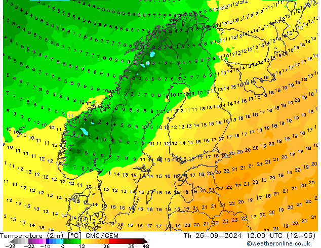 Temperature (2m) CMC/GEM Čt 26.09.2024 12 UTC