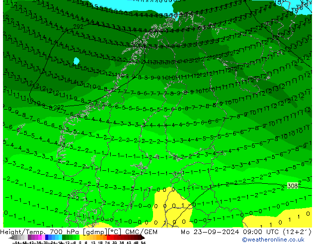 Height/Temp. 700 гПа CMC/GEM пн 23.09.2024 09 UTC