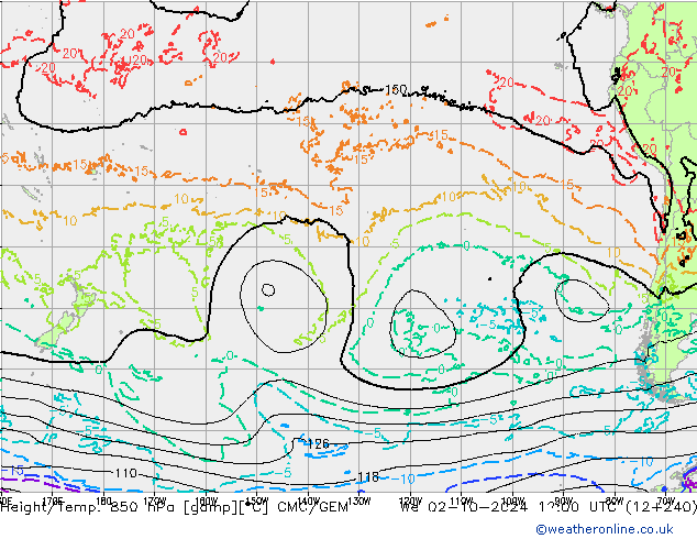 Yükseklik/Sıc. 850 hPa CMC/GEM Çar 02.10.2024 12 UTC