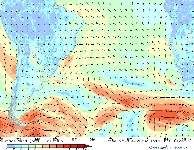 Surface wind (bft) CMC/GEM We 25.09.2024 03 UTC