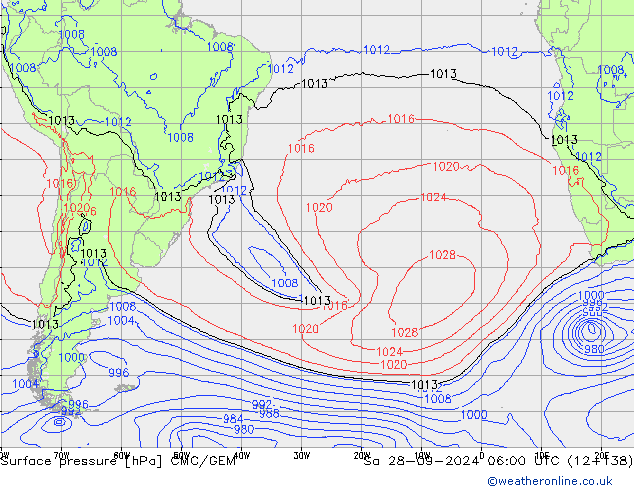 Surface pressure CMC/GEM Sa 28.09.2024 06 UTC