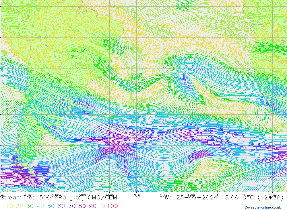 Linea di flusso 500 hPa CMC/GEM mer 25.09.2024 18 UTC