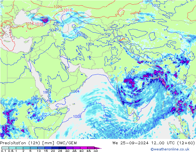 Precipitation (12h) CMC/GEM We 25.09.2024 00 UTC