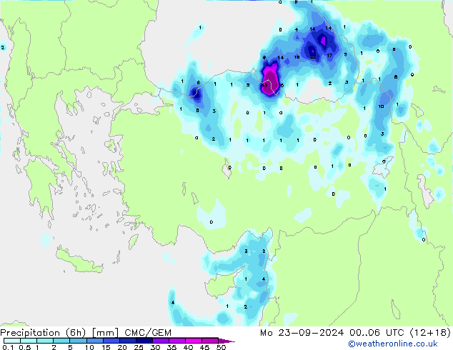 Precipitation (6h) CMC/GEM Po 23.09.2024 06 UTC