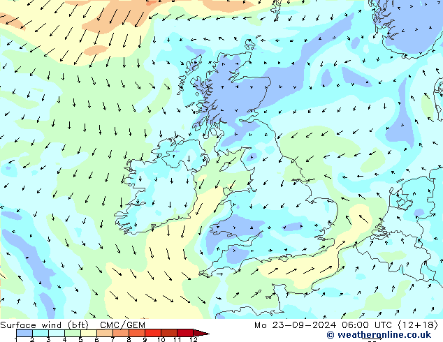 wiatr 10 m (bft) CMC/GEM pon. 23.09.2024 06 UTC