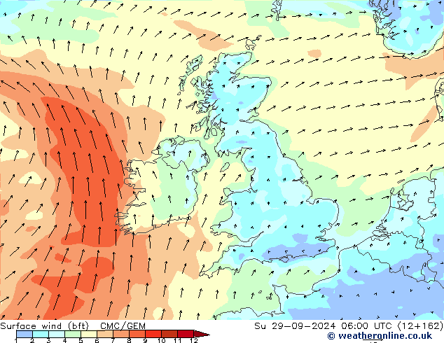 Surface wind (bft) CMC/GEM Su 29.09.2024 06 UTC