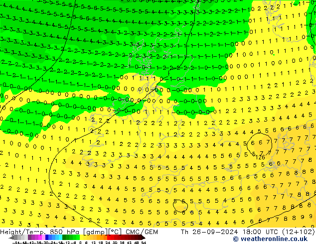 Height/Temp. 850 hPa CMC/GEM Th 26.09.2024 18 UTC