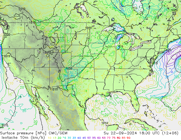 Isotachs (kph) CMC/GEM Ne 22.09.2024 18 UTC