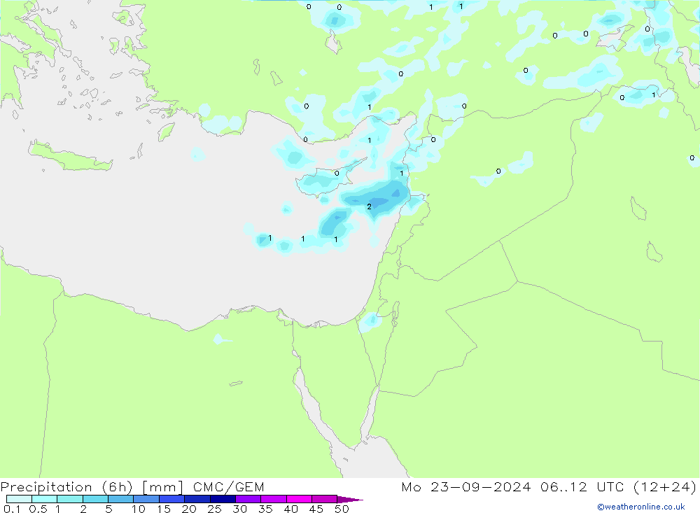 Precipitation (6h) CMC/GEM Mo 23.09.2024 12 UTC