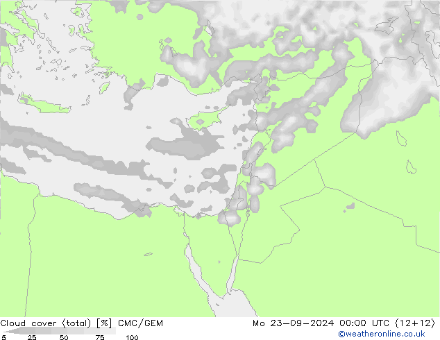 Cloud cover (total) CMC/GEM Mo 23.09.2024 00 UTC