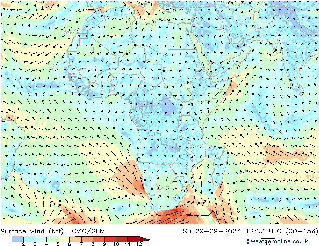 Surface wind (bft) CMC/GEM Su 29.09.2024 12 UTC