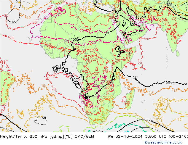 Yükseklik/Sıc. 850 hPa CMC/GEM Çar 02.10.2024 00 UTC