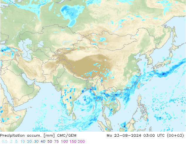 Precipitation accum. CMC/GEM пн 23.09.2024 03 UTC