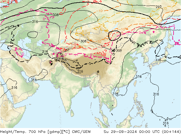 Geop./Temp. 700 hPa CMC/GEM dom 29.09.2024 00 UTC